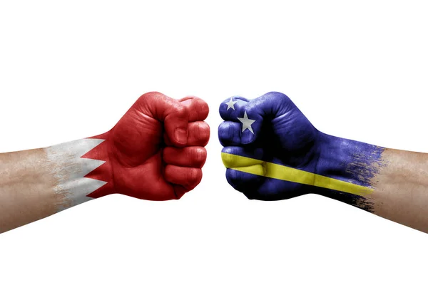 Two Hands Punch Each Others White Background Country Flags Painted — Stock Photo, Image