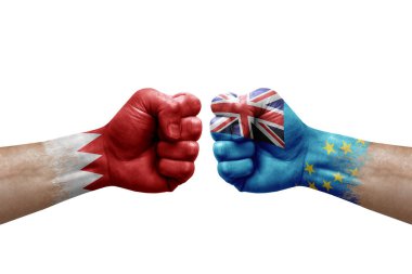 Two hands punch to each others on white background. Country flags painted fists, conflict crisis concept between bahrain and tuvalu