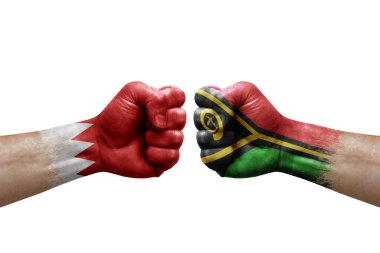 Two hands punch to each others on white background. Country flags painted fists, conflict crisis concept between bahrain and vanuatu