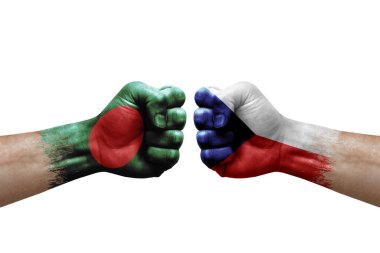 Two hands punch to each others on white background. Country flags painted fists, conflict crisis concept between bangladesh and czechia