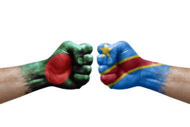 Two hands punch to each others on white background. Country flags painted fists, conflict crisis concept between bangladesh and dr congo