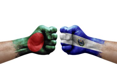 Two hands punch to each others on white background. Country flags painted fists, conflict crisis concept between bangladesh and el salvador