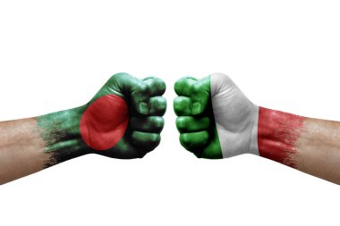 Two hands punch to each others on white background. Country flags painted fists, conflict crisis concept between bangladesh and italy