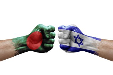 Two hands punch to each others on white background. Country flags painted fists, conflict crisis concept between bangladesh and israel