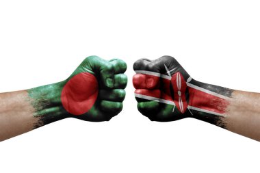 Two hands punch to each others on white background. Country flags painted fists, conflict crisis concept between bangladesh and kenya