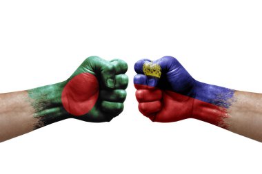 Two hands punch to each others on white background. Country flags painted fists, conflict crisis concept between bangladesh and liechtenstein
