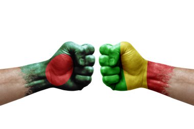 Two hands punch to each others on white background. Country flags painted fists, conflict crisis concept between bangladesh and mali