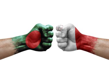 Two hands punch to each others on white background. Country flags painted fists, conflict crisis concept between bangladesh and malta