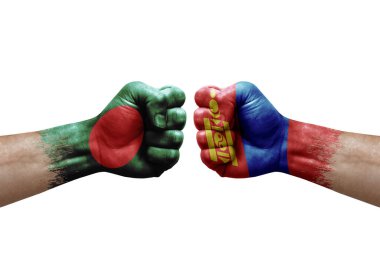Two hands punch to each others on white background. Country flags painted fists, conflict crisis concept between bangladesh and mongolia