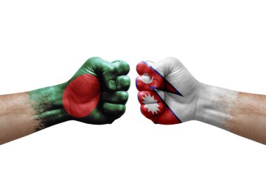Two hands punch to each others on white background. Country flags painted fists, conflict crisis concept between bangladesh and nepal