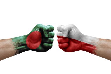 Two hands punch to each others on white background. Country flags painted fists, conflict crisis concept between bangladesh and poland