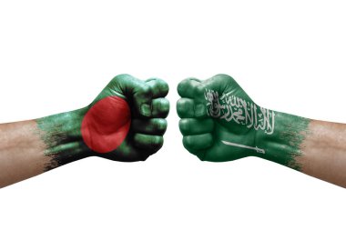 Two hands punch to each others on white background. Country flags painted fists, conflict crisis concept between bangladesh and saudi arabia