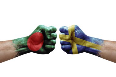 Two hands punch to each others on white background. Country flags painted fists, conflict crisis concept between bangladesh and sweden
