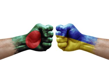 Two hands punch to each others on white background. Country flags painted fists, conflict crisis concept between bangladesh and ukraine