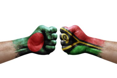 Two hands punch to each others on white background. Country flags painted fists, conflict crisis concept between bangladesh and vanuatu