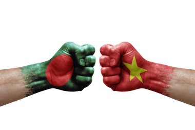 Two hands punch to each others on white background. Country flags painted fists, conflict crisis concept between bangladesh and vietnam