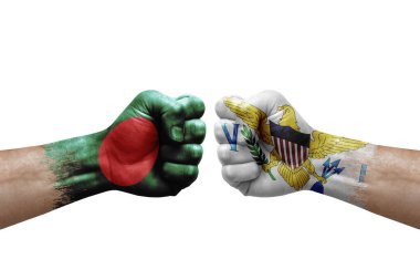 Two hands punch to each others on white background. Country flags painted fists, conflict crisis concept between bangladesh and virgin islands
