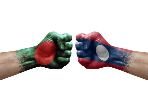 Two Hands Punch Each Others White Background Country Flags Painted — Fotografia de Stock