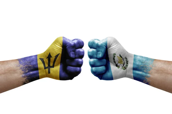 Two Hands Punch Each Others White Background Country Flags Painted — Fotografia de Stock