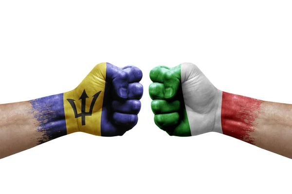 Two Hands Punch Each Others White Background Country Flags Painted — Photo