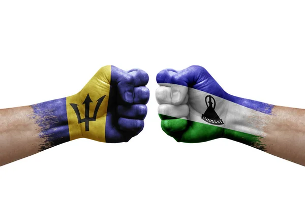 Two Hands Punch Each Others White Background Country Flags Painted — 스톡 사진