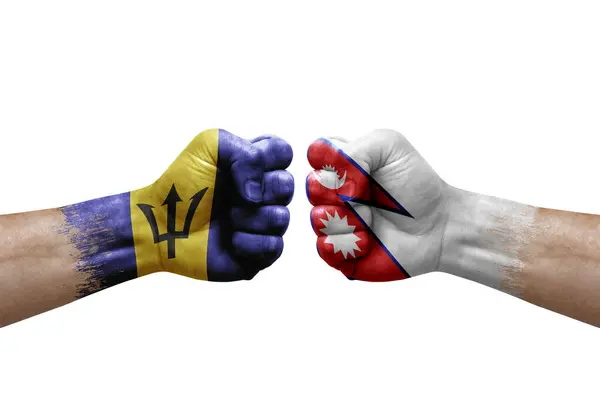 Two Hands Punch Each Others White Background Country Flags Painted —  Fotos de Stock