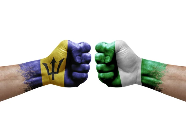 Two Hands Punch Each Others White Background Country Flags Painted — Stock Fotó