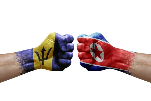 Two Hands Punch Each Others White Background Country Flags Painted — Fotografia de Stock