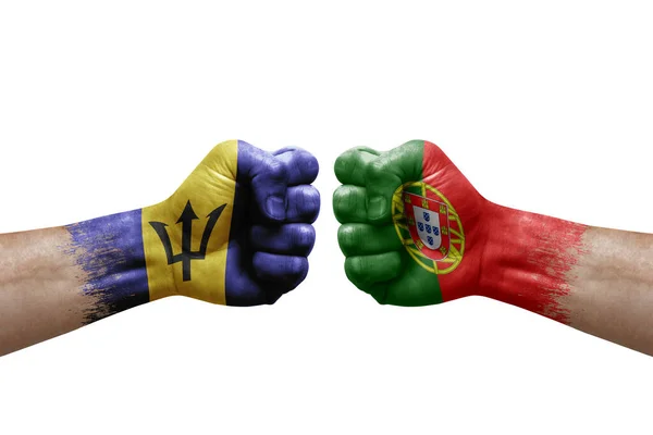 Two Hands Punch Each Others White Background Country Flags Painted — Stock fotografie