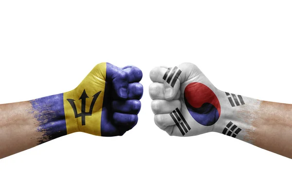 Two Hands Punch Each Others White Background Country Flags Painted — 스톡 사진