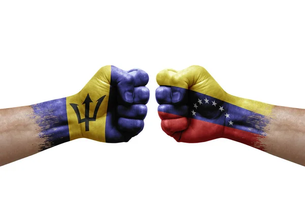 Two Hands Punch Each Others White Background Country Flags Painted — Stockfoto