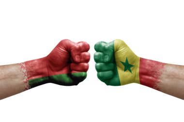 Two hands punch to each others on white background. Country flags painted fists, conflict crisis concept between belarus and senegal