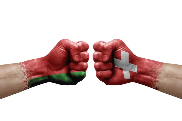 Two Hands Punch Each Others White Background Country Flags Painted — Zdjęcie stockowe