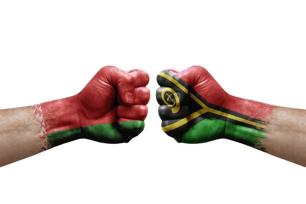 Two Hands Punch Each Others White Background Country Flags Painted — Stok fotoğraf