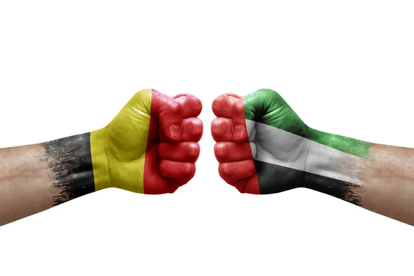 Two Hands Punch Each Others White Background Country Flags Painted — Stockfoto