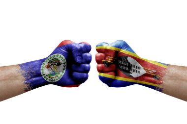 Two hands punch to each others on white background. Country flags painted fists, conflict crisis concept between belize and eswatini