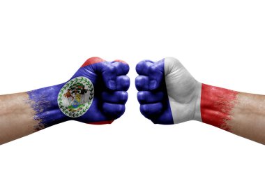 Two hands punch to each others on white background. Country flags painted fists, conflict crisis concept between belize and france