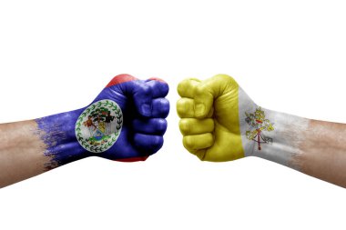 Two hands punch to each others on white background. Country flags painted fists, conflict crisis concept between belize and holy see