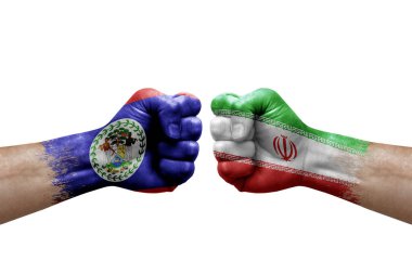 Two hands punch to each others on white background. Country flags painted fists, conflict crisis concept between belize and iran