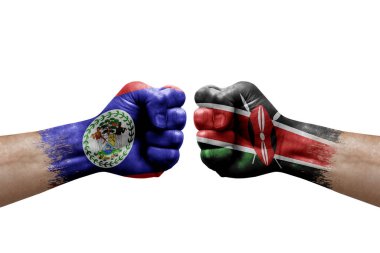 Two hands punch to each others on white background. Country flags painted fists, conflict crisis concept between belize and kenya