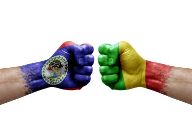 Two hands punch to each others on white background. Country flags painted fists, conflict crisis concept between belize and mali