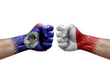 Two hands punch to each others on white background. Country flags painted fists, conflict crisis concept between belize and malta