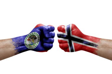 Two hands punch to each others on white background. Country flags painted fists, conflict crisis concept between belize and norway