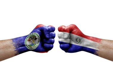 Two hands punch to each others on white background. Country flags painted fists, conflict crisis concept between belize and paraguay