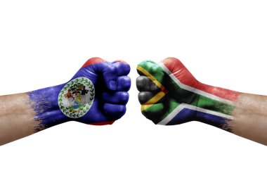 Two hands punch to each others on white background. Country flags painted fists, conflict crisis concept between belize and south africa