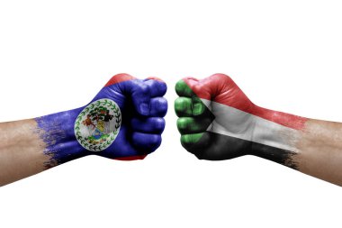 Two hands punch to each others on white background. Country flags painted fists, conflict crisis concept between belize and sudan