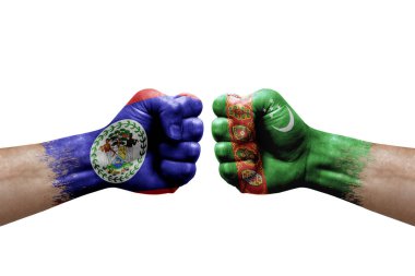 Two hands punch to each others on white background. Country flags painted fists, conflict crisis concept between belize and turkmenistan