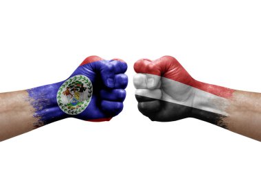 Two hands punch to each others on white background. Country flags painted fists, conflict crisis concept between belize and yemen