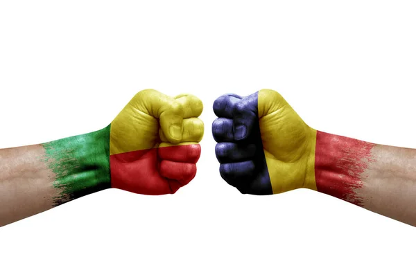 Two Hands Punch Each Others White Background Country Flags Painted — Stock Fotó