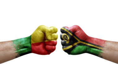 Two hands punch to each others on white background. Country flags painted fists, conflict crisis concept between benin and vanuatu